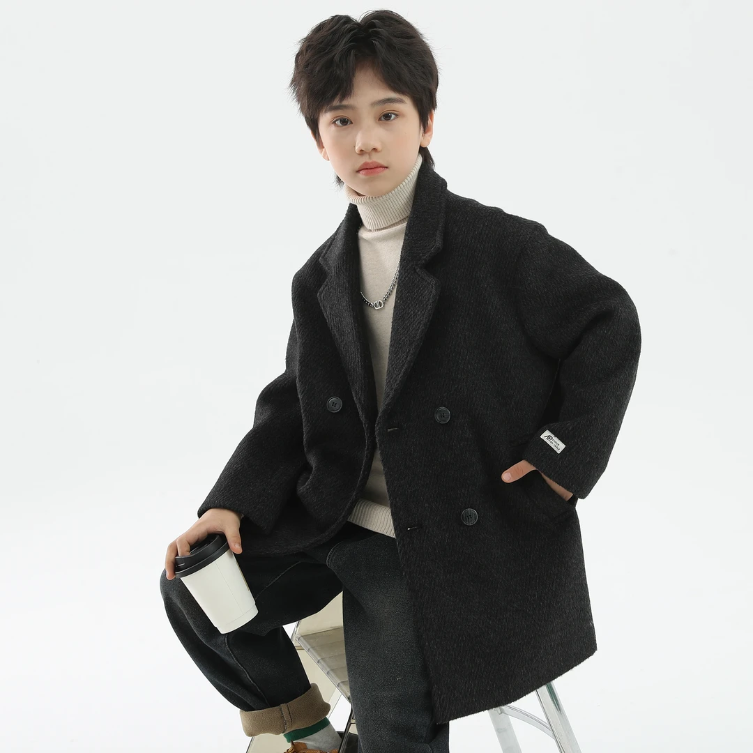 【袖口贴标呢大衣】象小爸25年秋冬新款中大童洋气外套儿童呢大衣