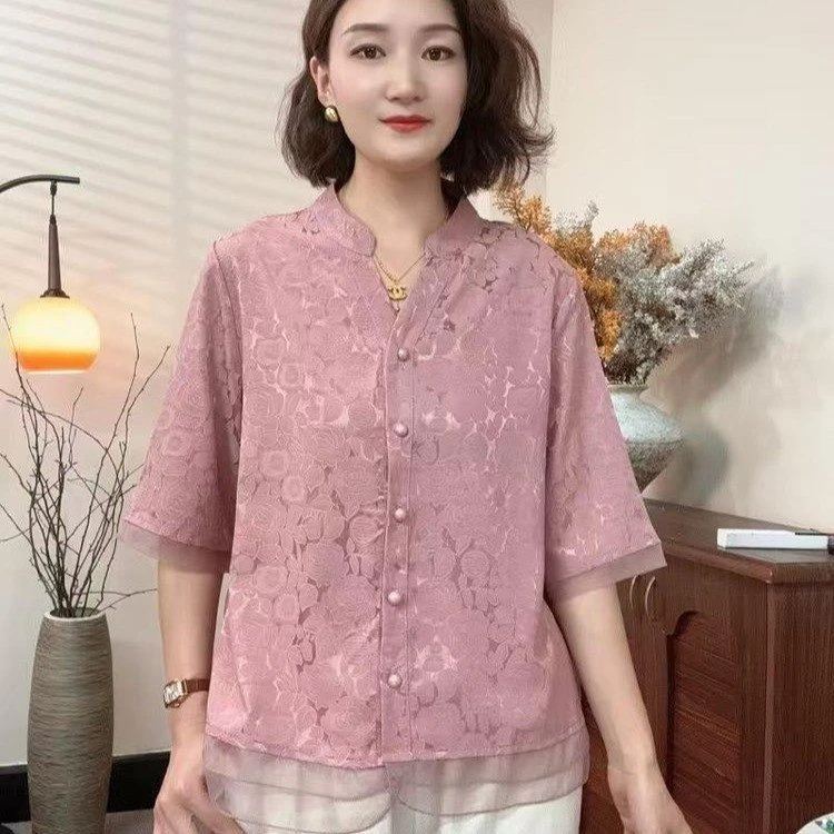 洋气妈妈装V领提花中袖开衫夏季气质新中式中年女装休闲宽松外套