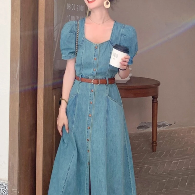 [回馈款]复古方领连衣裙时尚法式气质收腰显瘦牛仔裙子SZ1600372