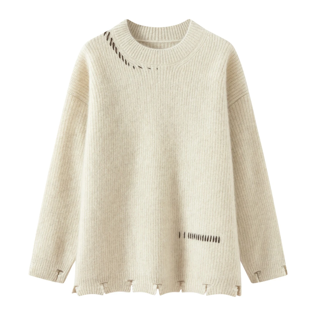 早春 精梳纯牦牛绒破洞复古重磅套头衫保暖抗起球气质时尚休闲