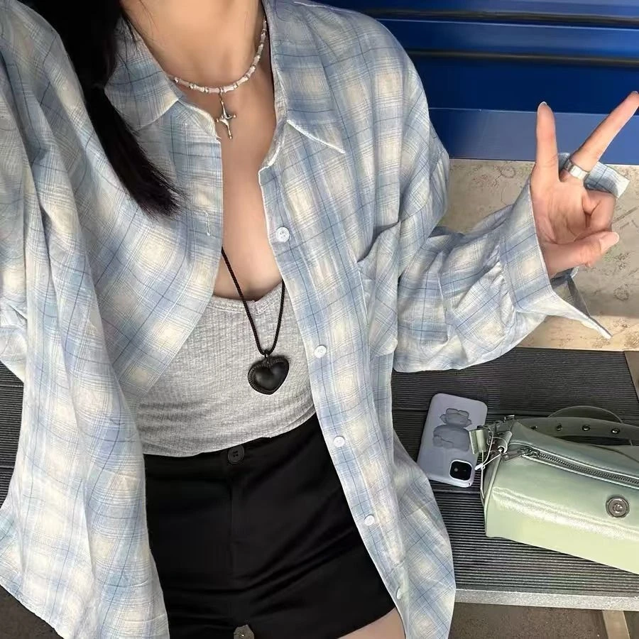 薄款防晒衬衫上衣女夏设计感宽松慵懒长袖蓝色条纹设计感休闲衬衣