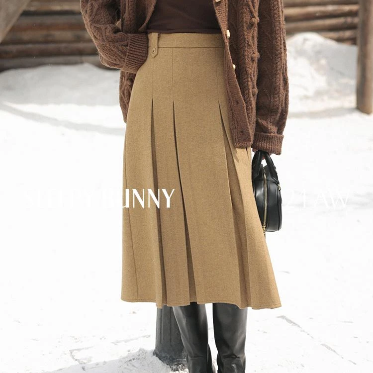 U瞌睡兔【清苍】学院风羊毛呢子半身裙高腰显瘦通勤百褶裙子244531