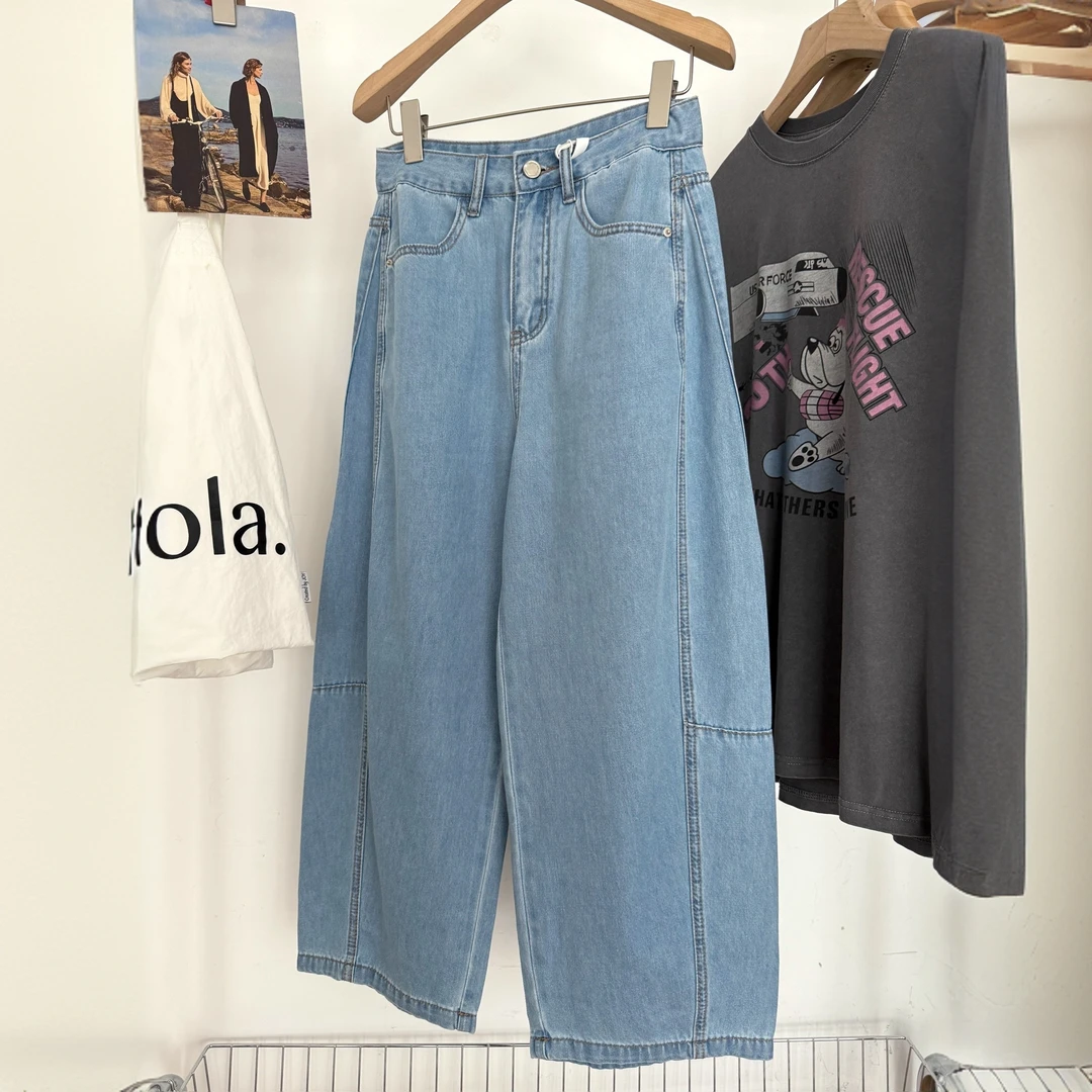 新款高级感洋气秋季新款阔腿弯刀牛仔裤女梨形高腰九分气球奶奶裤