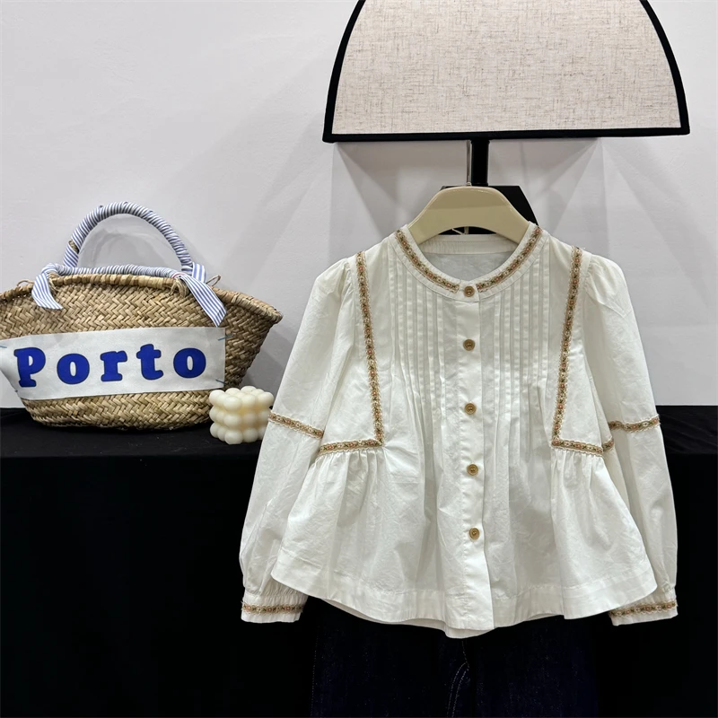 现货Leomama【时光镜花】女童衬衫秋季儿童上衣洋气娃娃衫白色衬衣