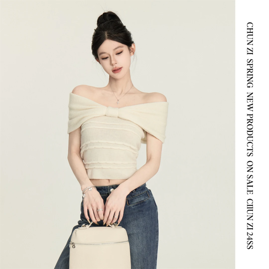 【CHUN ZI】奶油色针织毛衣女25早春甜美气质露肩蝴蝶结套头上衣女