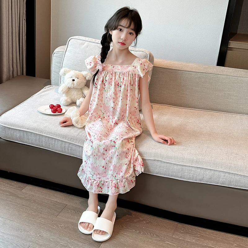 夏季睡衣薄款吊带女童连衣裙中大童甜美夏天碎花睡裙6-12岁家居裙