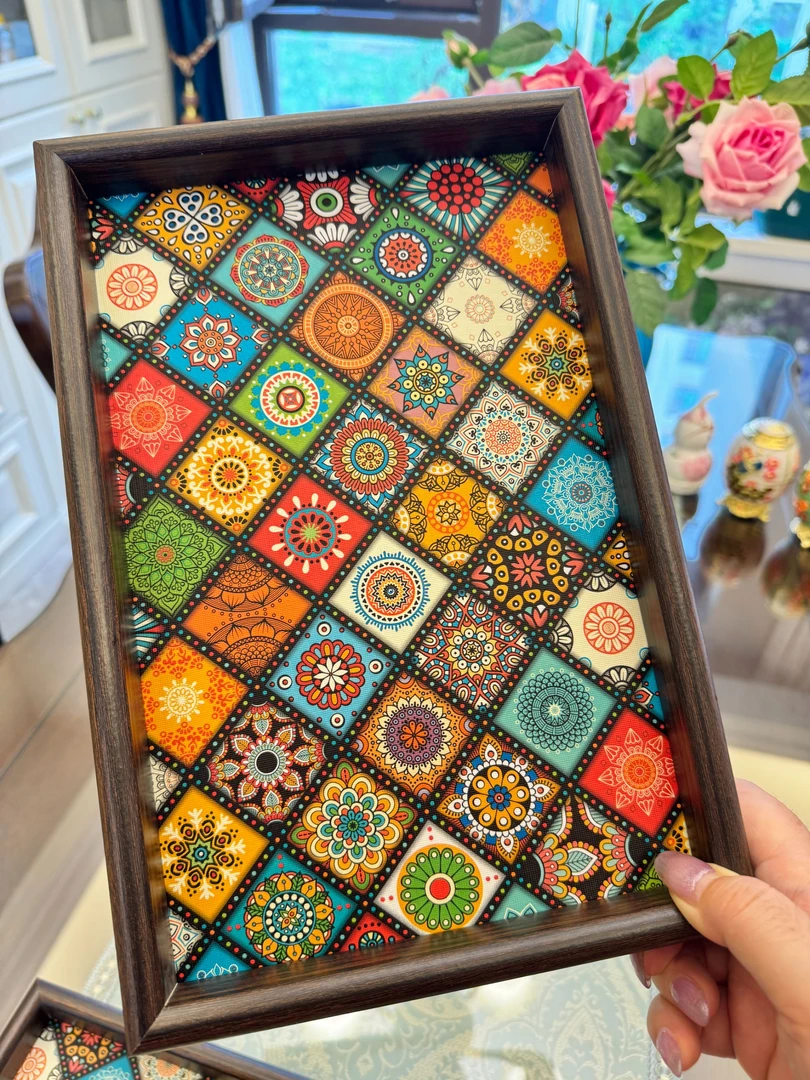 波西米亚风托盘异域客厅桌面收纳首饰收纳玄关家用木质皮革收纳盘