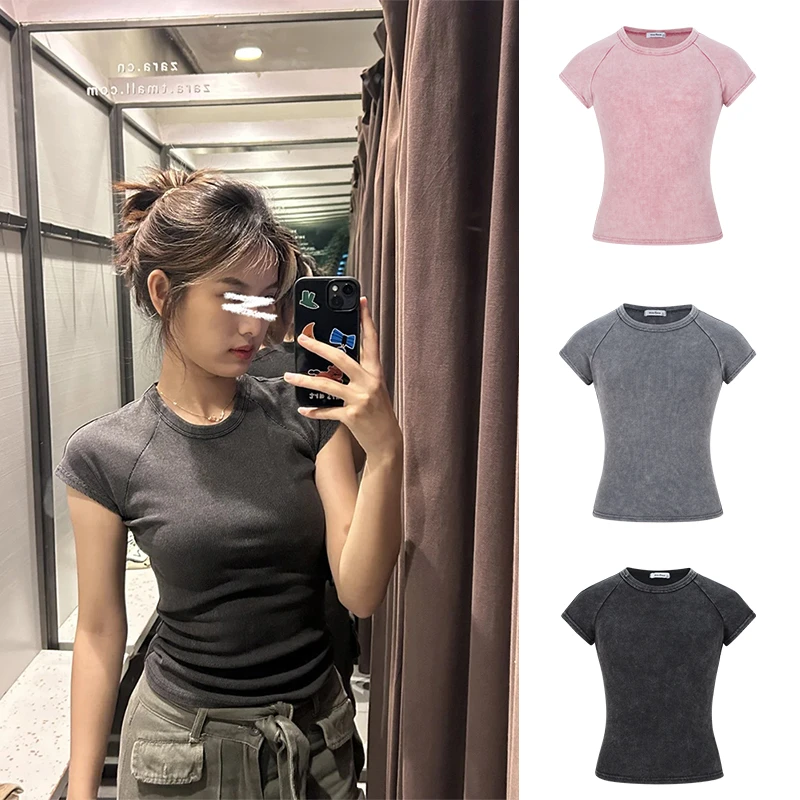 Moses Queen/魔西女王美式复古水洗做旧短袖T恤明线撞色插肩上衣