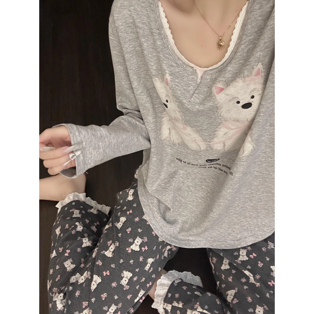 可爱小狗碎花蕾丝边睡衣女秋季2025新款长袖长裤家居服套装可外穿