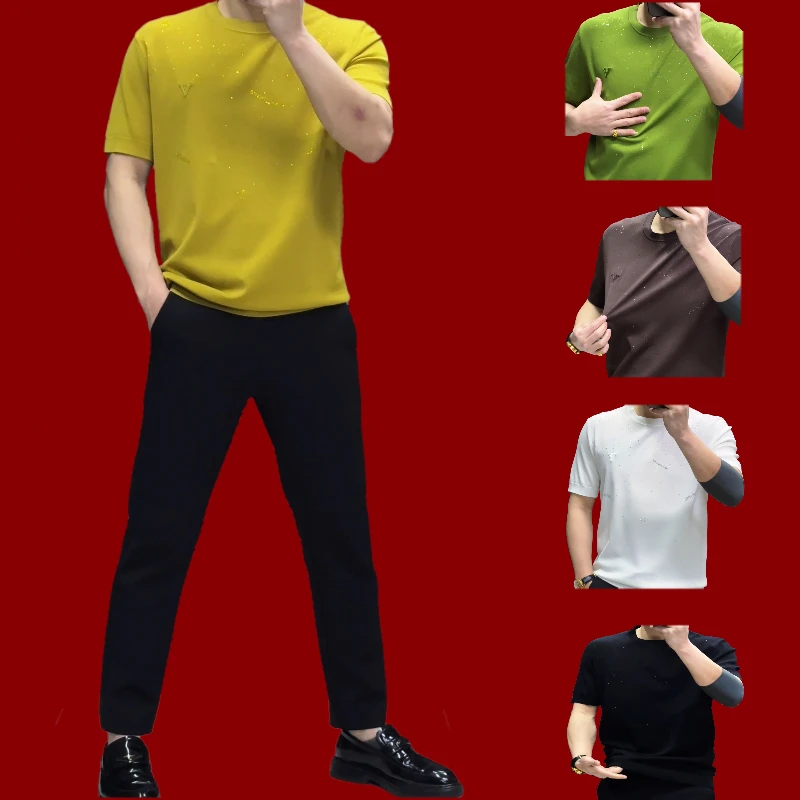 【新品推荐】2025春夏男士新款伊力特休闲时尚烫钻修身凉感针织短袖