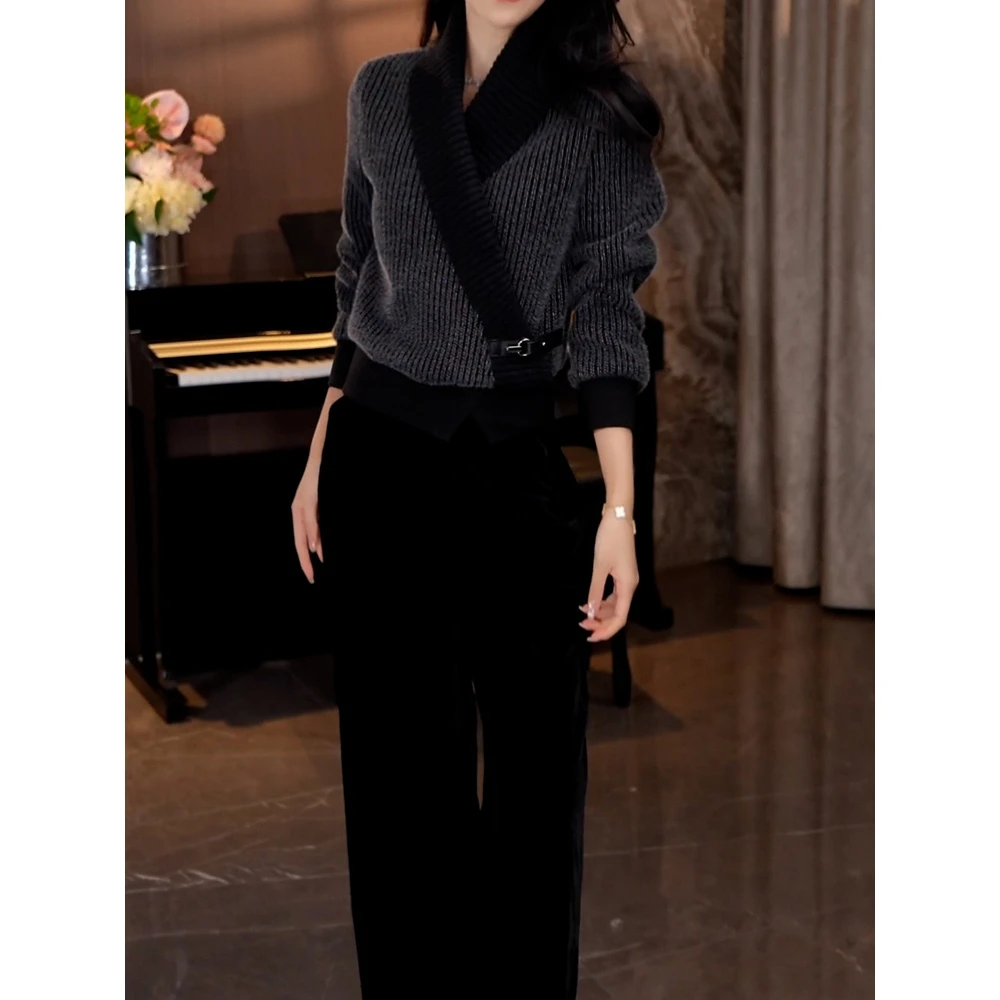 时髦洋气裤套装女2025冬季新款韩系拼接设计V领显瘦上衣+休闲裤子