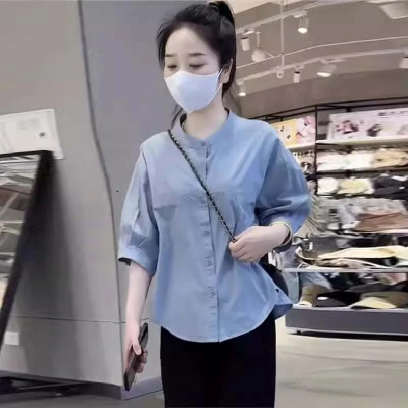 洋气减龄中袖衬衫女2025夏季爆款宽松简约休闲显瘦百搭翻领上衣服