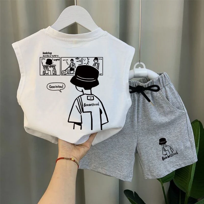 夏季童装儿童背心套装新款印花男女通用薄款宝宝无袖短裤两件套潮