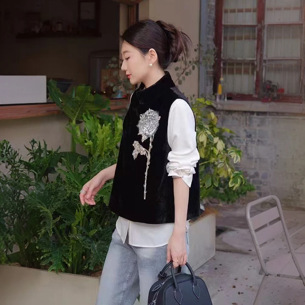 衣年纯品纯手工缝制秋款复古金丝绒立领侧开襟新中式无袖马甲背心