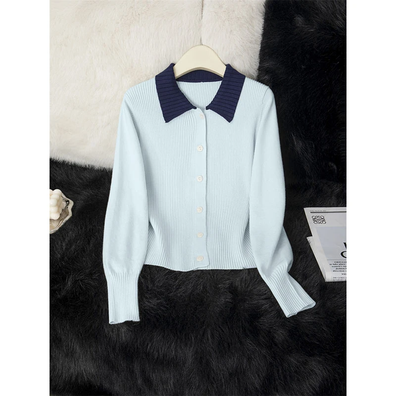 【现货现发】超好看薄款蓝色polo领针织打底衫2025新款春装百搭开衫