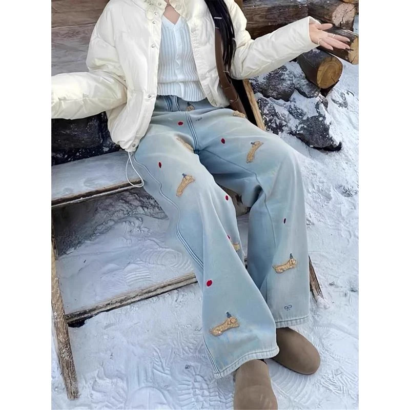 大码加绒加厚牛仔裤女秋冬胖mm梨形身材宽松高腰显瘦直筒阔腿裤子