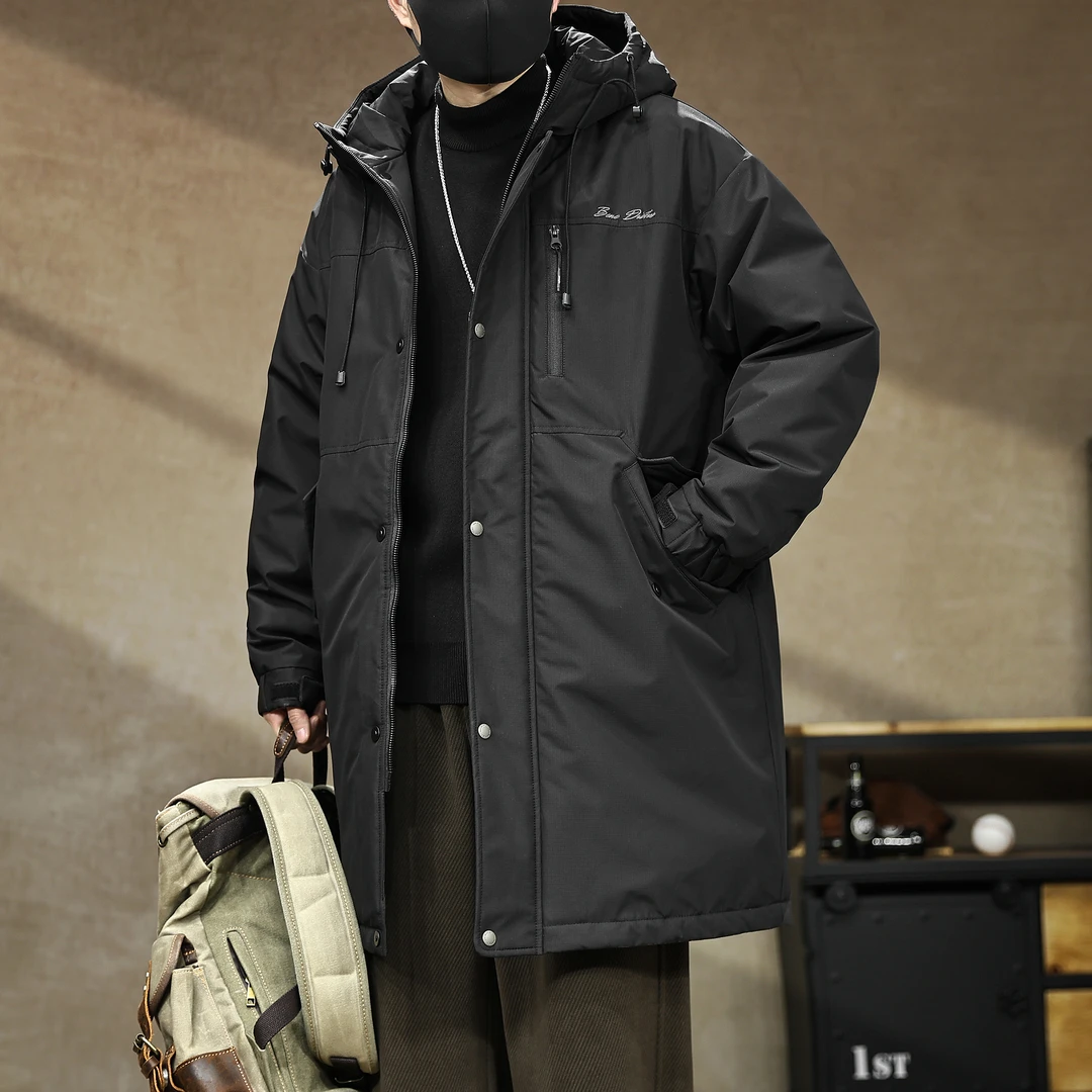 300斤加大码中长款90鸭绒连帽羽绒服男冬季加厚保暖磁吸扣外套潮