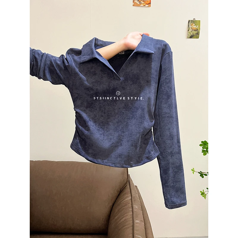 扎染polo衫长袖t恤女装早秋2025新款翻领高级内搭打底衫修身上衣