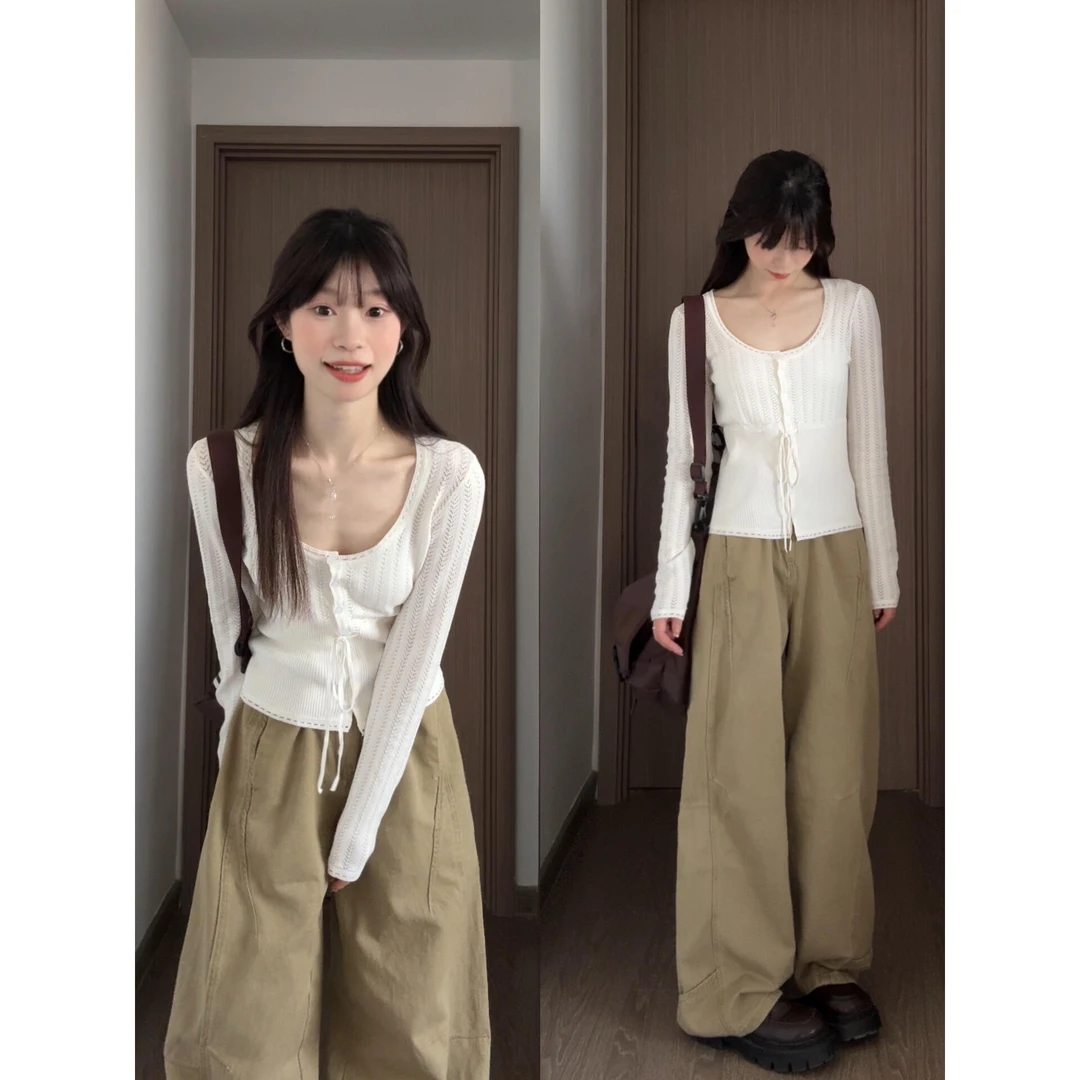 韩系镂空系带长袖t恤女秋季bm风气质修身显瘦设计感针织衫上衣潮