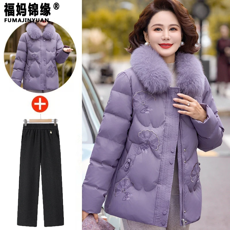妈妈冬装保暖棉服洋气大毛领棉袄外套50岁中老年人女加绒加厚棉衣