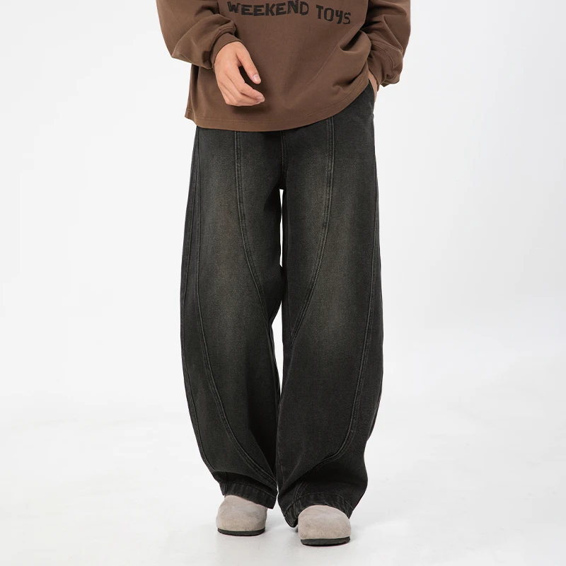 【全额运补】新款拼接水洗弯刀直筒宽松休闲男女同穿复古百搭牛仔裤