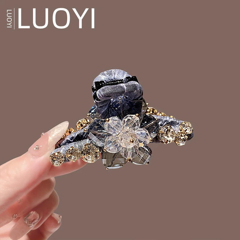 7厘米高级感浅蓝色水晶抓夹花朵中号鲨鱼夹女轻奢后脑勺半扎发夹