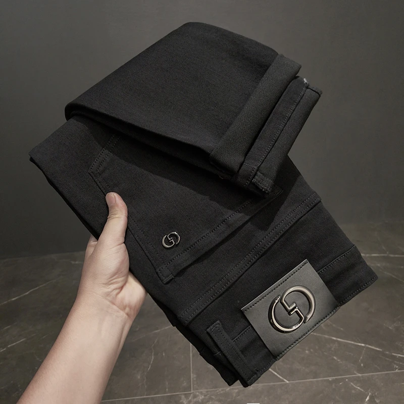 高端轻奢男士九分长裤牛仔裤秋冬新款纯黑色加绒加厚锁温弹力直筒