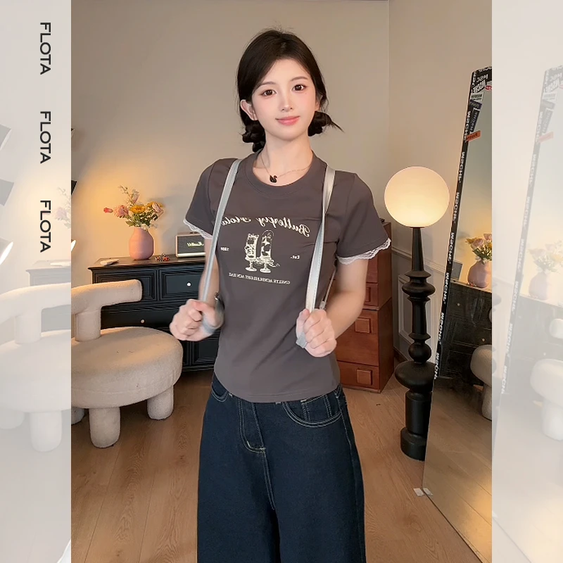 【flota】法式蕾丝拼接圆领短袖T恤女新款辣妹修身百搭上衣1008