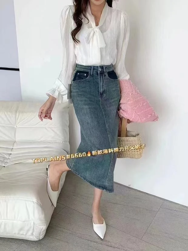 杨杨 夏日新款开叉牛仔半裙6660