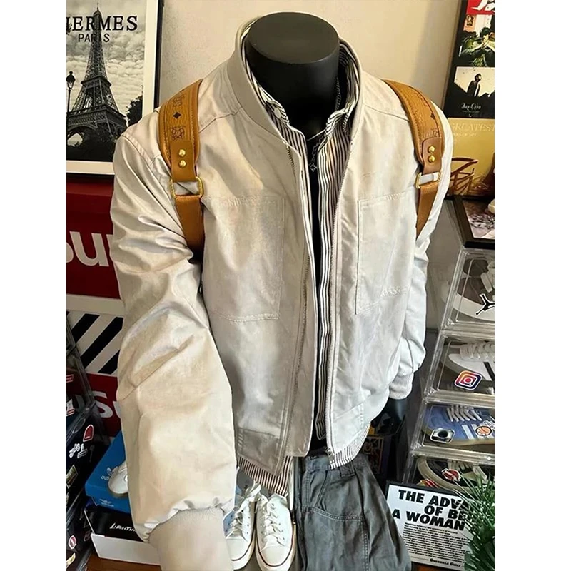 cleanfit浅灰色正肩短款外套男秋季美式飞行员夹克工装立领棒球服