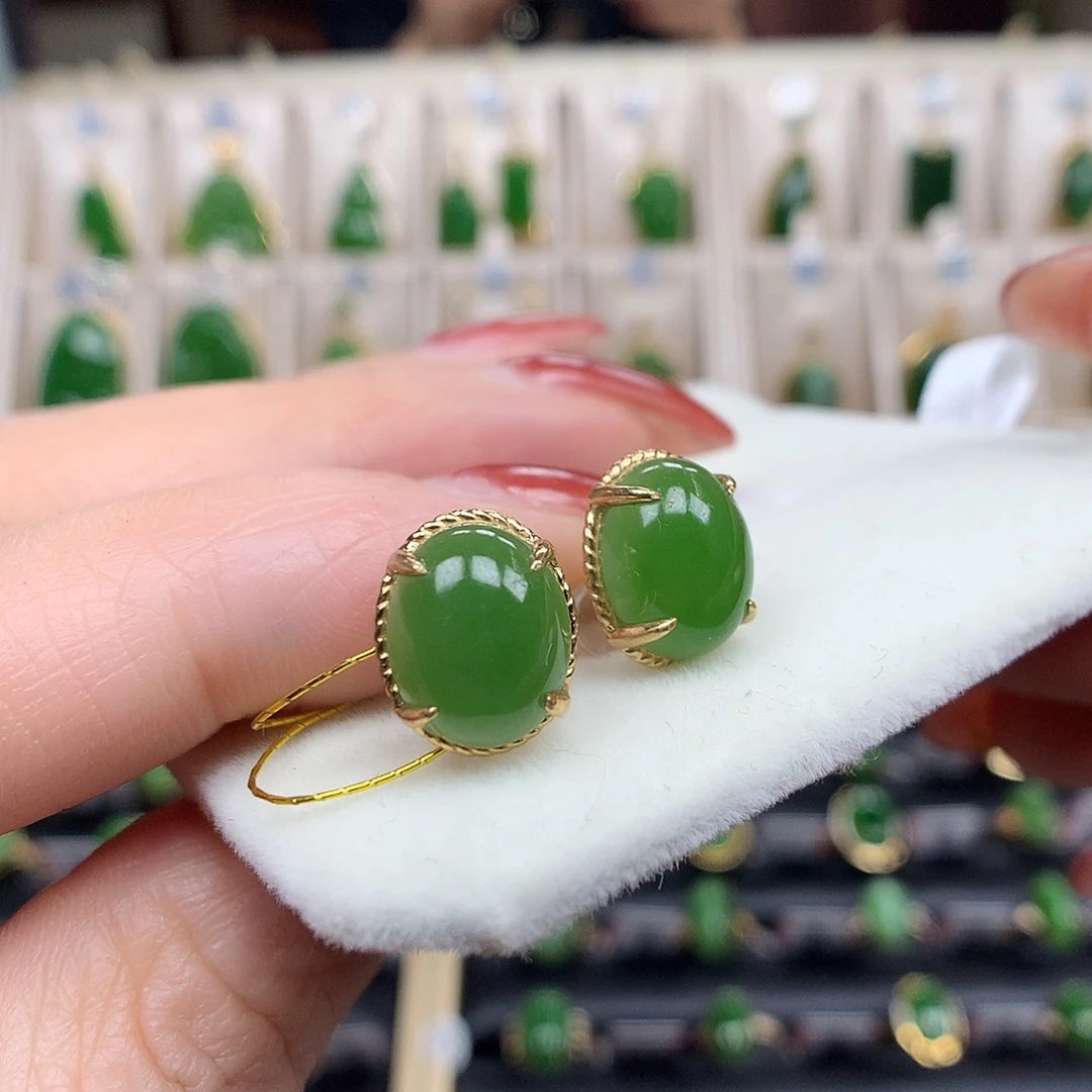 和田玉（碧玉）18K金镶嵌耳饰810
