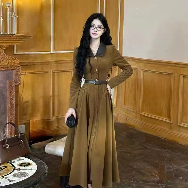 丁满满推荐【秋田谷】秋季黑色长袖连衣裙修身气质法式长裙5116