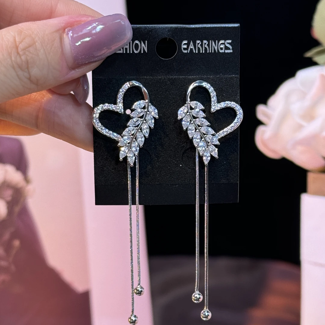 铜合金耳饰 欣仪】超闪锆石麦穗爱心长款流苏耳环甜美优雅韩版耳钉