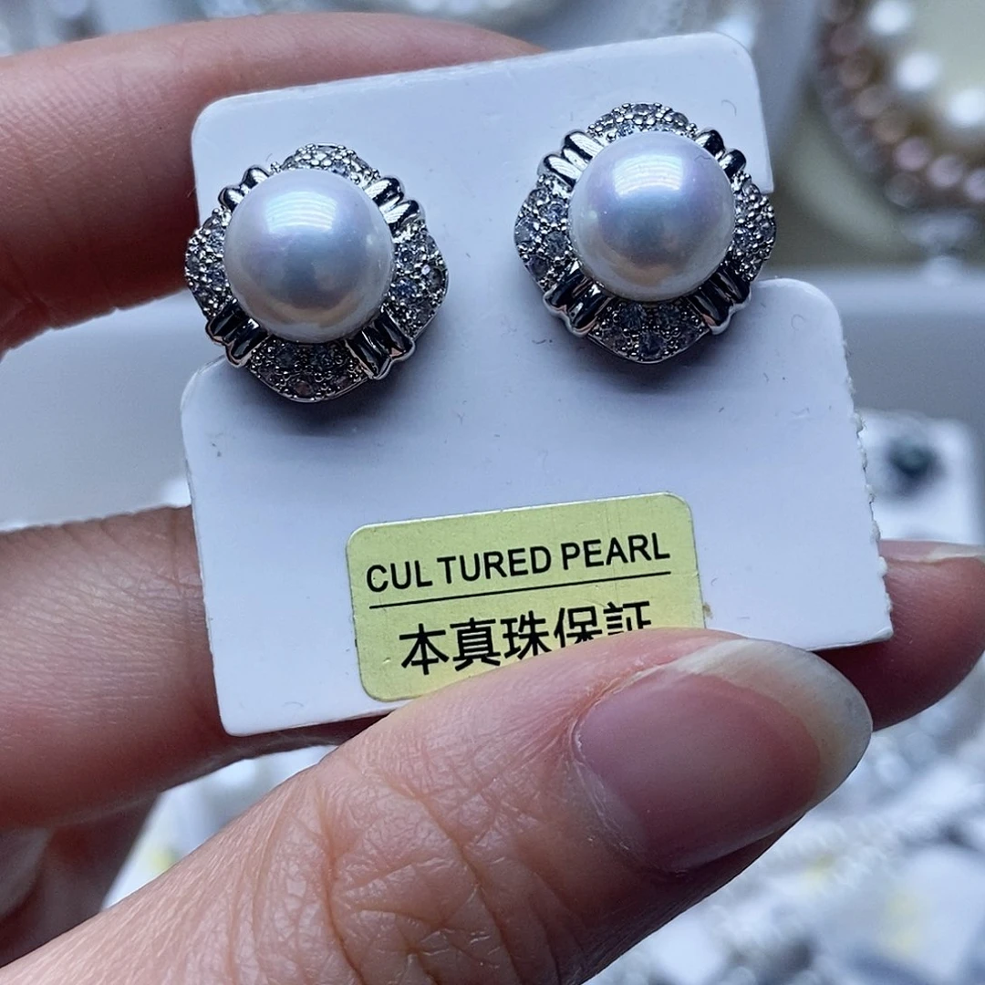 银S925镶嵌耳钉淡水珍珠