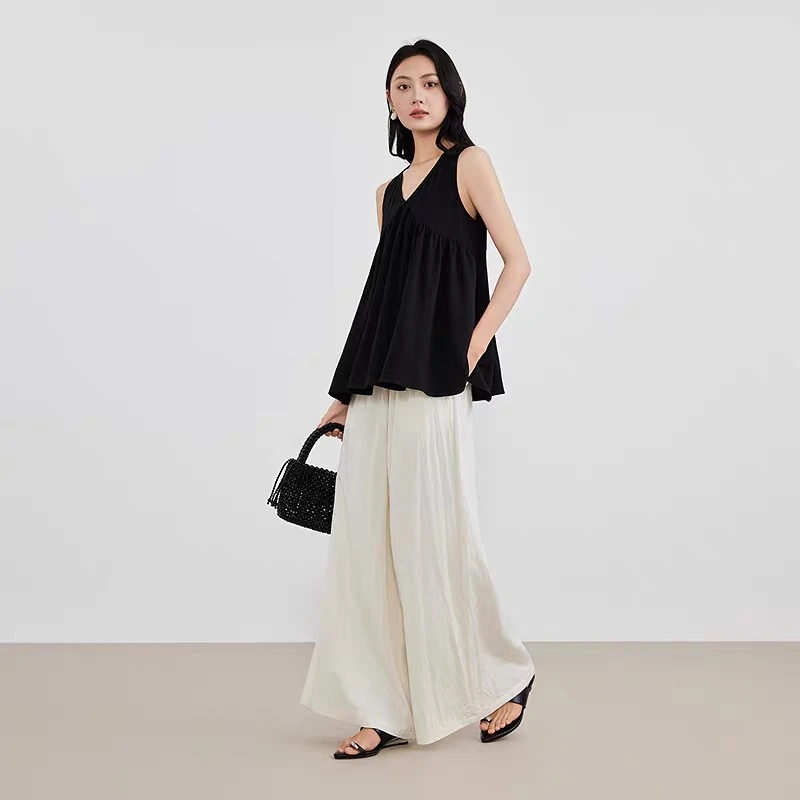 爱客套装2025年夏季新款舒适个性V领娃娃衫休闲阔腿长裤两件套女