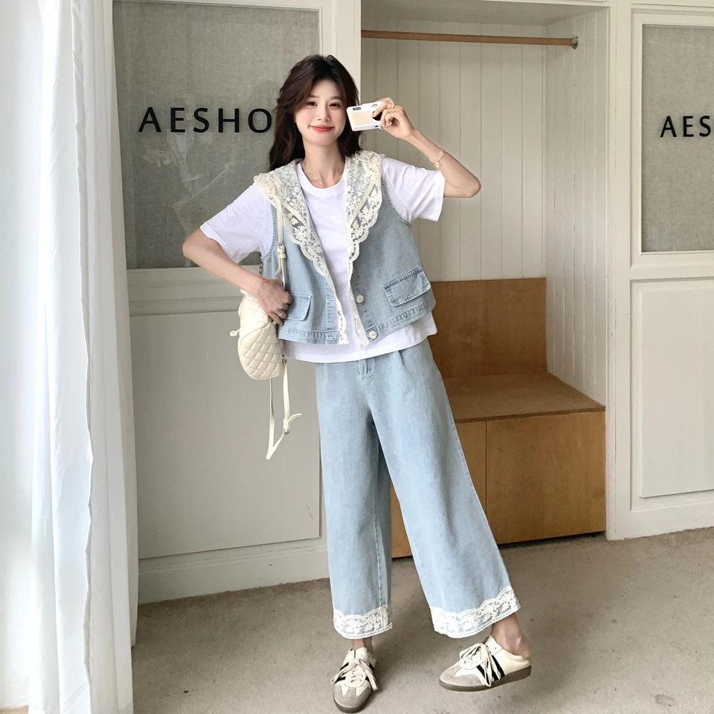 蕾丝拼接连帽马甲牛仔套装裤女2025年夏季新款韩系ootd穿搭三件套