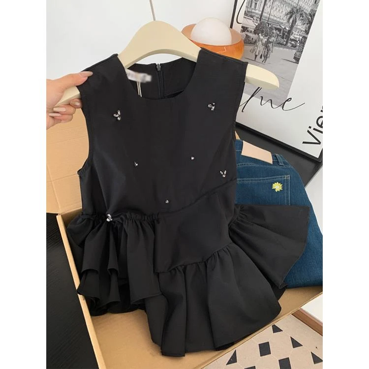 法式重工钉珠荷叶边无袖背心衬衫女夏季设计感不规则气质上衣小衫
