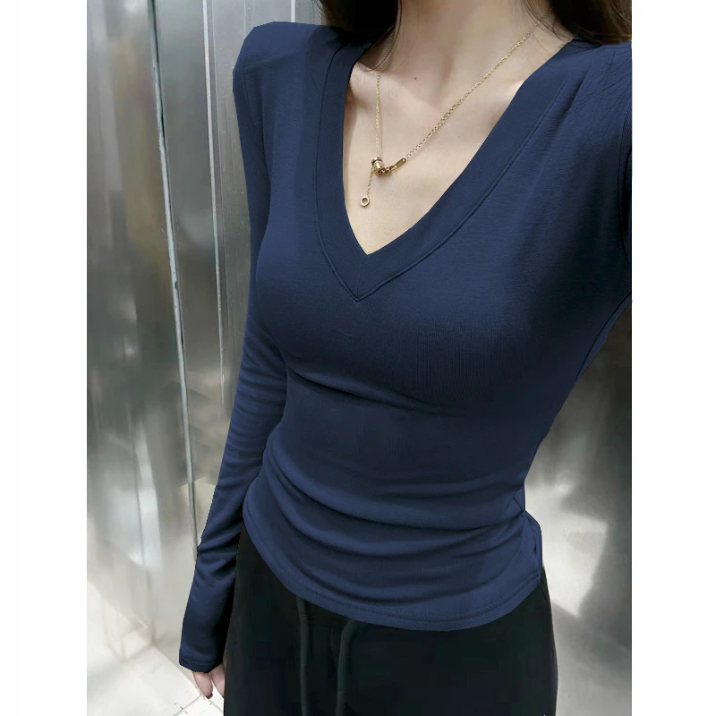 修身低V领打底衫女秋冬2025新款正肩纯欲藏蓝内搭显身材长袖上衣