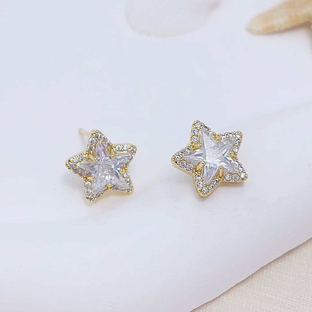 铜合金合成锆石耳饰 【满钻五角星】高级感气质金银双色百搭耳钉