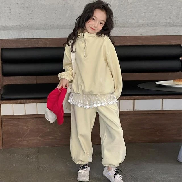 女童春秋款韩版休闲套装2025新款中大童时髦春装儿童蕾丝花边卫衣