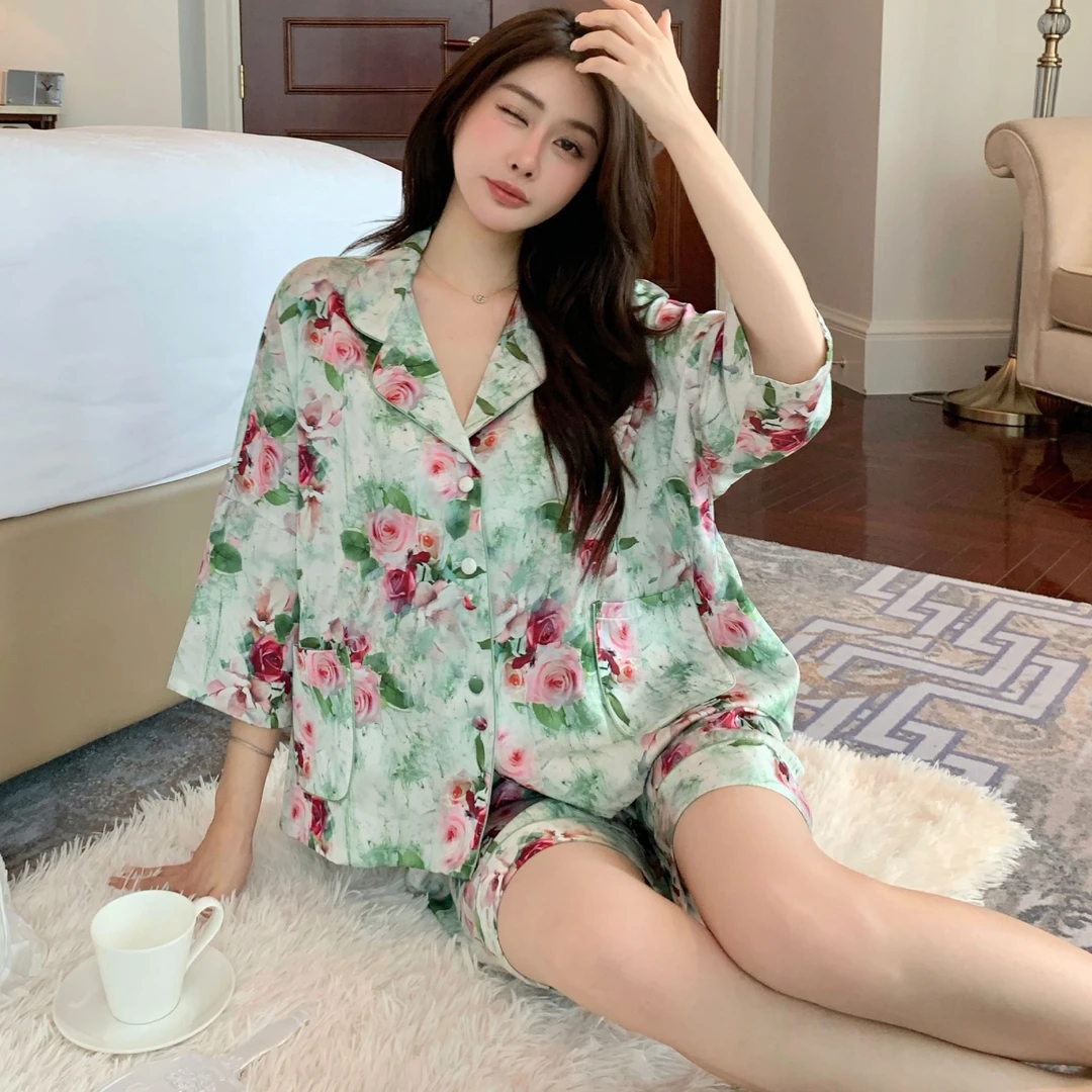 睡衣女款夏季薄款七分袖短裤家居服2025新款轻奢三件套可外穿