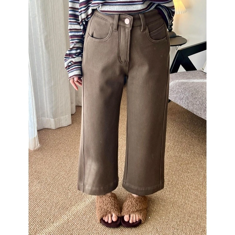 大码咖色冬季遮胯显瘦牛仔裤女梨形身材高腰弹力百搭加绒九分裤子