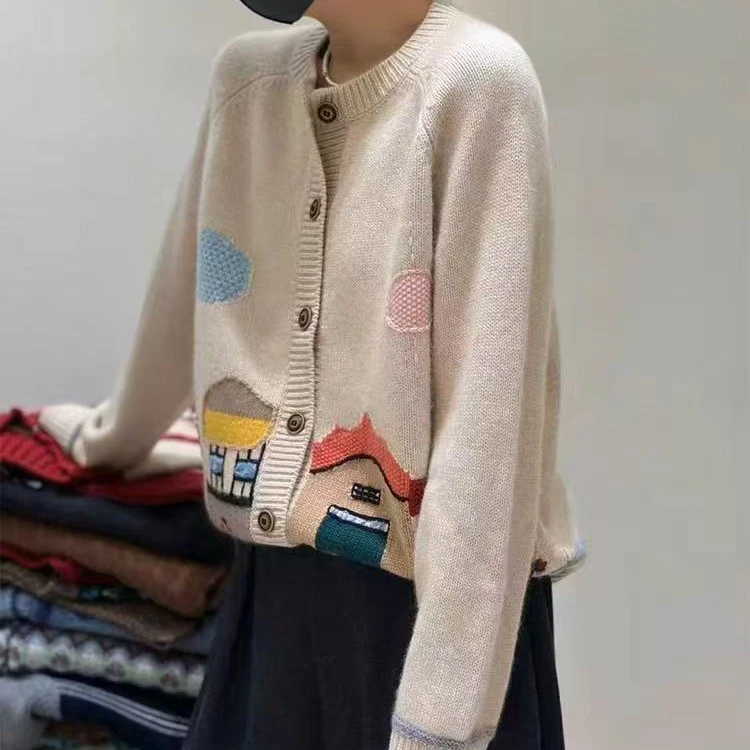 针织毛衣秋冬圆领常规款宽松春季冬季毛针织开衫提花