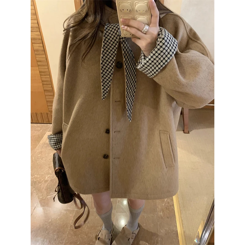 韩版学院风拼接格纹毛呢大衣外套女秋季时尚兔耳朵可拆卸帽子上衣