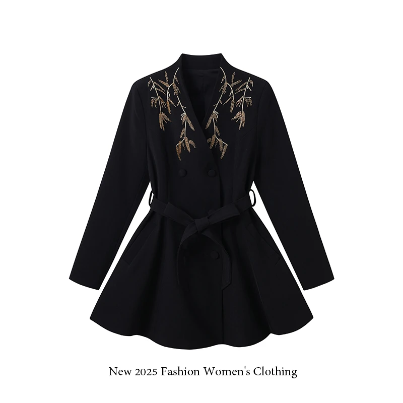 【1348】设计师款春装金色珠管刺绣翻领系带收腰长袖西装外套