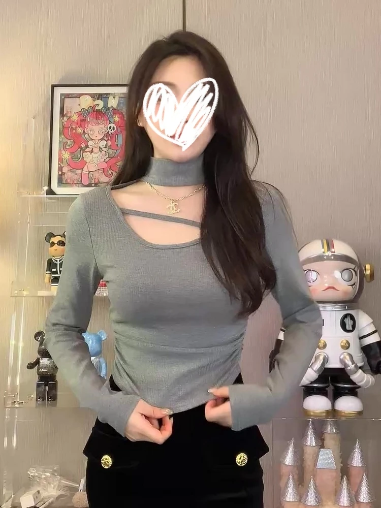 艺等现货！辣妹挂脖u领针织长袖t恤修身打底加绒上衣