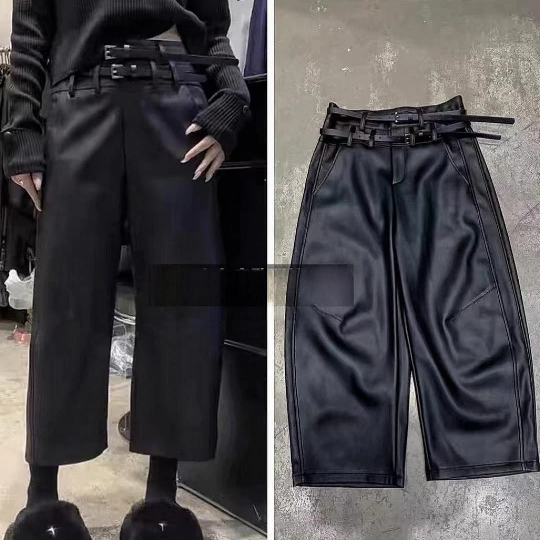 双腰带皮尤阔腿裤女冬高腰宽松高端气质直筒窄版弯刀裤加绒皮裤