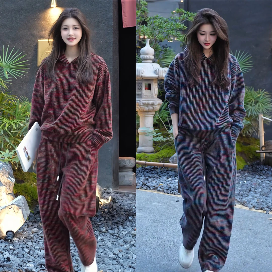 冬季加绒加厚情侣套装潮牌时尚百搭舒适拼接连帽彩色休闲一整套