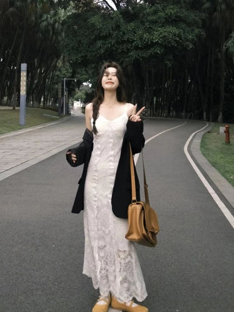 2025复古韩版秋季套装女黑色西装外套一整套穿搭新款蕾丝连衣裙潮