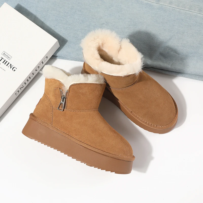 真皮雪地靴女2025羊毛一体冬季加厚保暖厚底增高侧拉链面包鞋5915